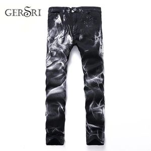 Gersri Night Club Hommes impression 3D Jeans Motif Loup Noir Imprimé Punk Slim Droit Coton Décontracté Imprimé Denim Pantalon Plus Size279s