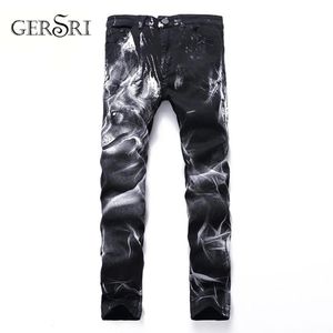 Gersri Night Club Jeans con estampado 3D para hombre Patrón de lobo negro Impreso Punk Slim Straight Cotton Casual Print Denim Pants Plus Size222e