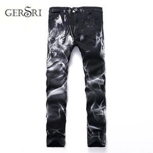 Gersri Night Club Mens 3D Printing Jeans Black Wolf Pattern Punk Punk Slim Straight Cotton Casual Imprimer Denim Pantal Plus Size305V