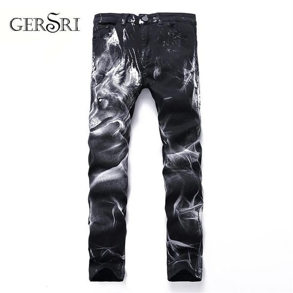 Gersri Night Club Hommes impression 3D Jeans Motif Loup Noir Imprimé Punk Slim Droit Coton Casual Imprimé Denim Pantalon Plus Size222e