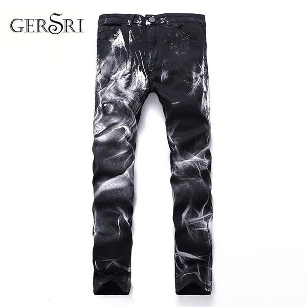 Gersri Night Club Hommes impression 3D Jeans Motif Loup Noir Imprimé Punk Slim Droit Coton Décontracté Imprimé Denim Pantalon Grande Taille244x