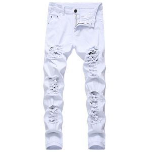 Mens Wit Zwart Verontruste Gaten Skinny Jeans Volledige Lengte Denim Broek Street Style Broeken Groothandel