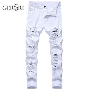 Gersri Straight Hole Destruction pantalon Jeans en détresse Men de denim pantalon Men Jeans créateur de mode Brand White Jean Male 211218
