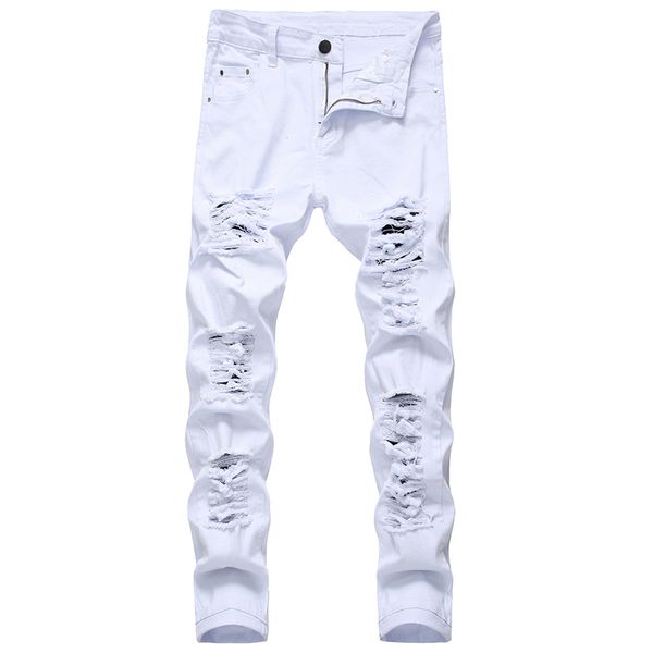 Hombres Blanco Negro Agujeros desgastados Skinny Jeans Pantalones de mezclilla de cuerpo entero Pantalones de estilo callejero al por mayor
