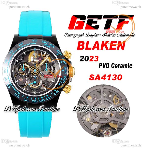 GETF Blaken SA4130 Automatique Chronographe Squelette Montre Homme PVD Lunette Céramique Cadran Bonbon Acier 904L Caoutchouc Cyan Super Edition Reloj Hombre Montre Puretime G6