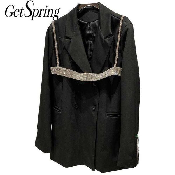 GetSpring Femmes Blazer Double Boutonnage À Manches Longues Dames Manteau Noir Ceinture Deux Pièces Veste De Costume Lâche Pour Femme 210601