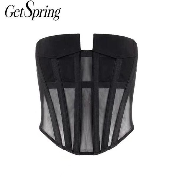 GetSpring femmes culture hauts fermeture éclair dentelle Corset arête de poisson réservoir Sexy dos nu sans bretelles taille haute mode d'été 220325