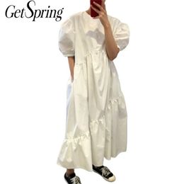 Getspring Femmes Robe Coton Casual Blanc Noir Robes Plus Taille Asymétrie Puff Manches Longues Lâche Robes Irrégulières Été 210331
