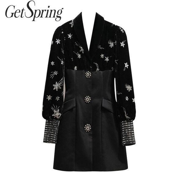 Getspring Femmes Robe Puff Manches V-Col V-Col Broderie Velours Vintage Robes Noir Sexy Impression Automne Hiver 210601