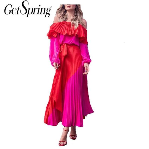 GetSpring Femmes Robe Slash Cou Off Épaule Soirée Plus Taille Été ES Bandage Plissé Longue Rouge 210601