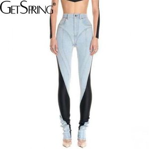 Getspring vrouwen jeans leggings vintage patchwork hoge taille denim potlood broek kleur matching lange vrouwelijke broek herfst 211129