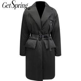 Getspring Femmes Parka Femmes Manteaux d'hiver Bandage Vintage Longue Veste Femme Noir Pardessus Mode 201210