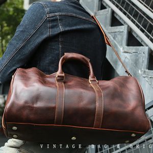 Geunine Leather Vintage heren handbagagetas Travel grote capaciteit enkele schouderboodschapper Boston Bag voor 17 inch laptop 231221