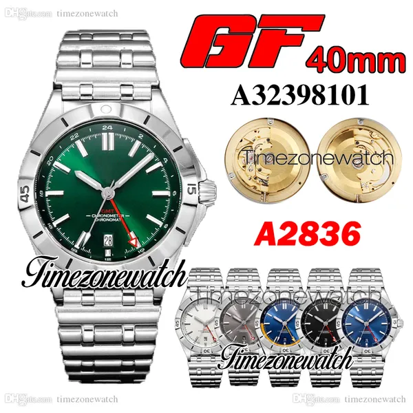 GF 40 mm Chronomat GMT A32398101 A2836 Reloj automático para hombre Esfera verde Pulsera de acero inoxidable Relojes para caballero Timezonewatch TWBR Z29A