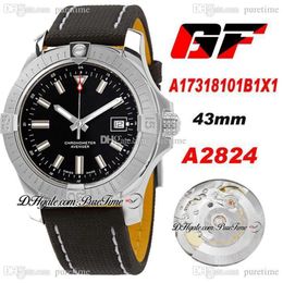 GF A17318101B1X1 A2824 Automatic Mens Watch 43mm Black Dial Stick Markers Nylon en cuir avec ligne blanche Super Edition ETA Montres Puret 204Y