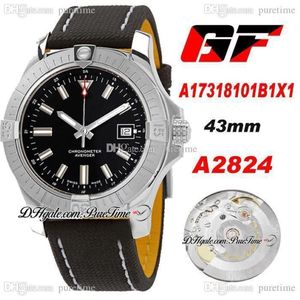 GF A17318101B1X1 A2824 Automatische heren Watch 43 mm Zwart Die Stick Markers Leer Nylon met witte lijn Super Edition Eta Watches 282Z