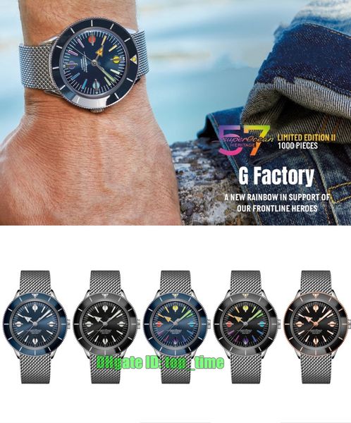GF Factory Relojes 42 mm Superocean Heritage '57 LE II 'Rainbow' Reloj mecánico automático para hombre Esfera azul / negra Correa de caucho Relojes de pulsera