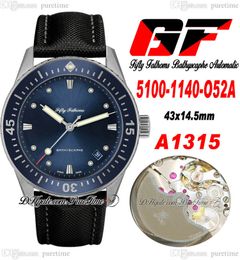GF Fifty Fathoms Bathyscaphe A1315 Автоматические мужские часы 43 мм 5100-1140-O52A Стальной корпус Керамический безель Синий циферблат Ремешок из парусины Super Edition Puretime B2