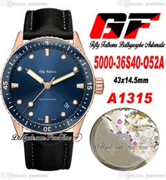 GF Fifty Fathoms Bathyscaphe A1315 Automatische heren Watch 43mm 5000-36S40-O52A Rose Gold Ceramic Bezel Blue Dial Sail-Canvas Strap Super Edition Puretime D4