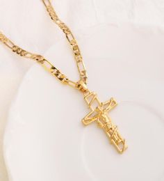 GF Gold Cross Pendant Jesus Crucifix frame Italiaanse Figaro Link Chain Necklace 9 K Solid Fine Yellow Geel Thai Baht2001625