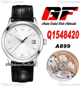 GF Master Control -datum A899 Automatische heren Watch Q1548420 Steel Case White Stick Dial Black Leather Strap Super Edition Horloges Puretime A1