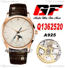 GF Master Ultra Thin A925 Automatische heren Watch Q1362520 Maanfase Veranderingen Maandelijks 39 mm Rose Gold White Dial Brown Lederen Riem Super Edition Horloges Puretime D4