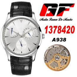 GF Master Ultra Dunne A938 Automatische heren Watch 1378420 Echte stroomreserve stalen kast Silver Stick Dial Leather Riem Super Edition horloges Puretime C3