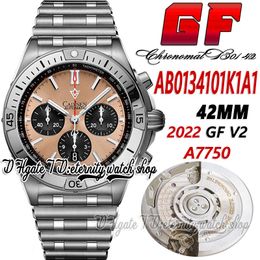 GF V2 B01 Heren Watch A7750 Automatische chronograaf Gffab0134101K1A1 Beige koperen wijzerplaat Zwarte Subdial stickmarkers Roestvrijstalen Bracelet Super Edition Eternity Watches
