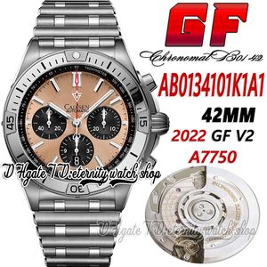 GF V2 B01 Reloj para hombre A7750 Cronógrafo automático gffAB0134101K1A1 Beige Cobre Dial Negro Subdial Stick Marcadores Pulsera de acero inoxidable Super Edition relojes de eternidad