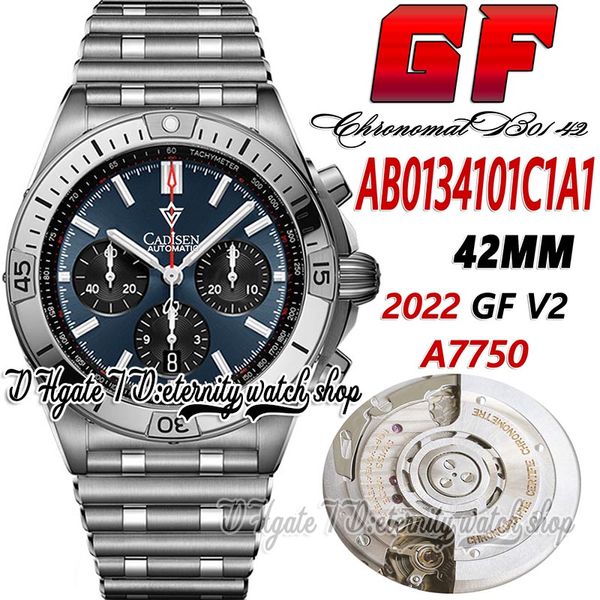 GF V2 B01 Mens Watch A7750 Automatic Chronograph Gffab0134101C1A1 42mm Blue Dial Stick Markers Bracelet en acier inoxydable Super Edition Eternity Stopwatch Watches