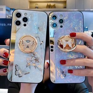 Spiegel Rhinestone 3D Inlaid Butterfly Telefoon Gevallen met Ring Stand voor iPhone 12 11 PRO MAX XR X XS 7 8 Plus Samsung S20 S21 Opmerking 20 Ultra A42 A52 A72