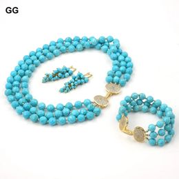 GG sieraden 3 strengen blauw snijhoek rond gefacetteerde turquoises edelstenen stenen cz clasp ketting armband oorbellen sets voor vrouwen 240401
