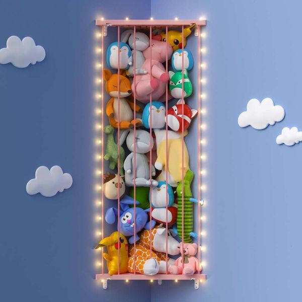 GGUO Boîte d'angle - Grand support pour animaux de remplissage 2 en 1 avec lumière LED - Espace de rangement pour jouets pour enfants, longueur réglable, convient pour salle de jeux de la maternelle