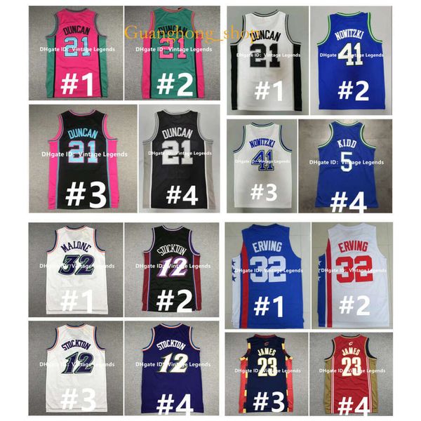 GH Maillot de basket-ball rétro John Stockton Malone James Tim Duncan Dirk Nowitzki Jason Kidd Clyde Drexler Hakeem Oluwon Spud Webb Julius Erving Rare