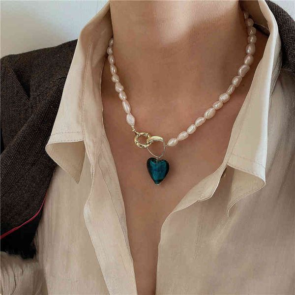 GHIDBK Baroque Naturel Perles D'eau Douce Verre Bleu Coeur Pendentif Sautoirs Colliers À La Main Déclaration Street Style Collier