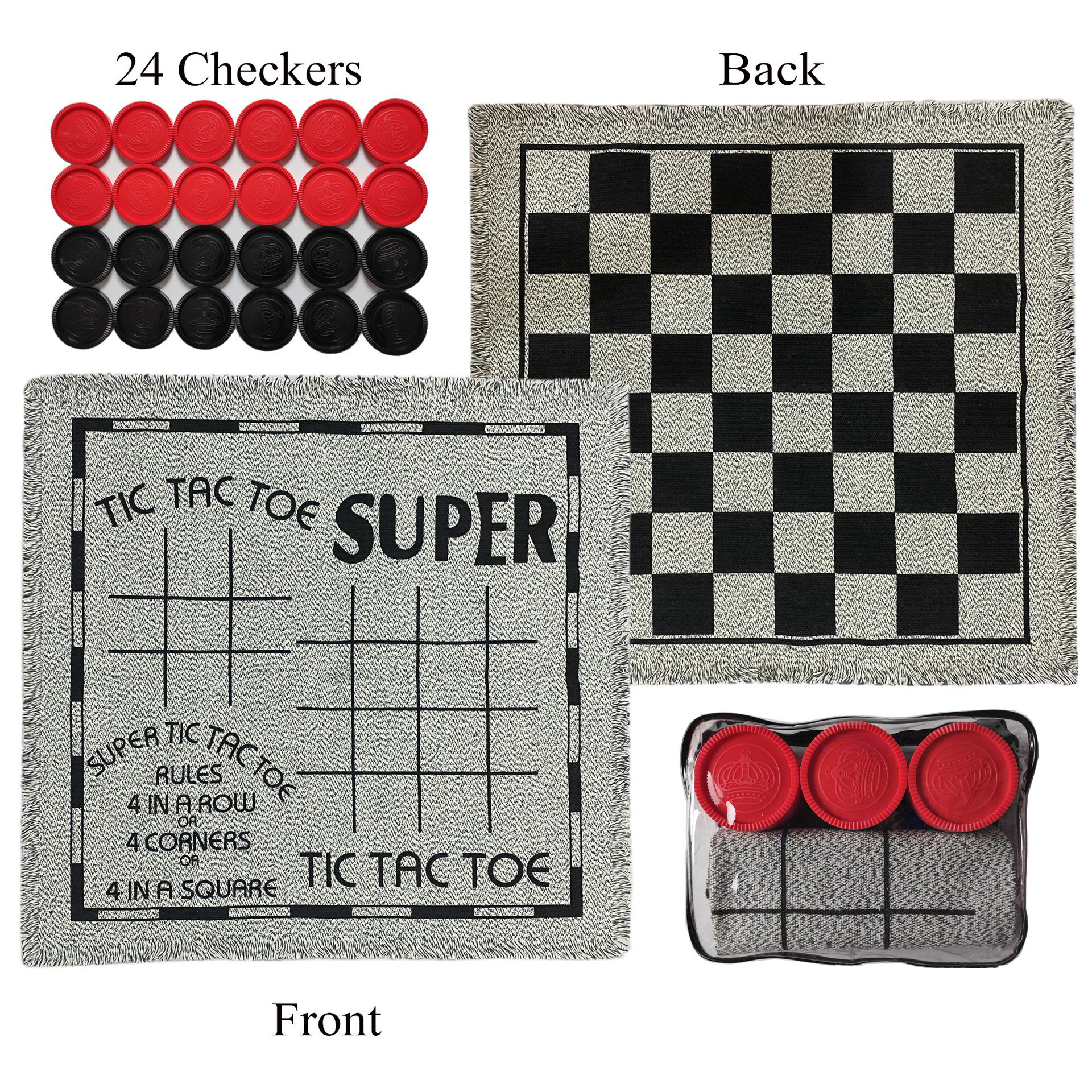 Giant Checkers Board Game Set, 3 в 1 Tic Tac Tac Toe Board Brafts обратимой коврики для детей для взрослых, мат с большим игровым напором, крытые и открытые садовые игры