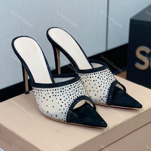 Gianvito Rossi Pantoufles à talons hauts Designers Chaussures pour femmes Sandales de mode en maille Matériel de gaze Strass Éraflures classiques Pointu Bout ouvert Pantoufle de luxe de luxe