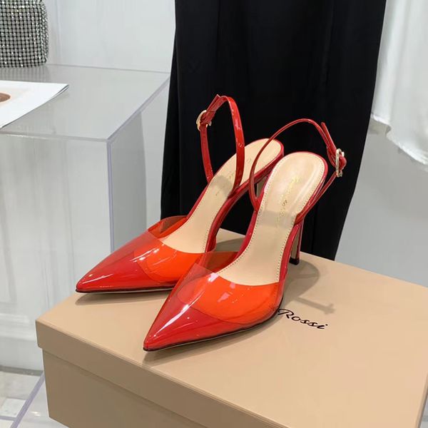 Gianvito Rossi a souligné les chaussures habillées Slingback Femmes Sandales Stiletto Cuir laqué jumelé escarpins en PVC transparent Designers de luxe Chaussures de soirée chaussures d'usine