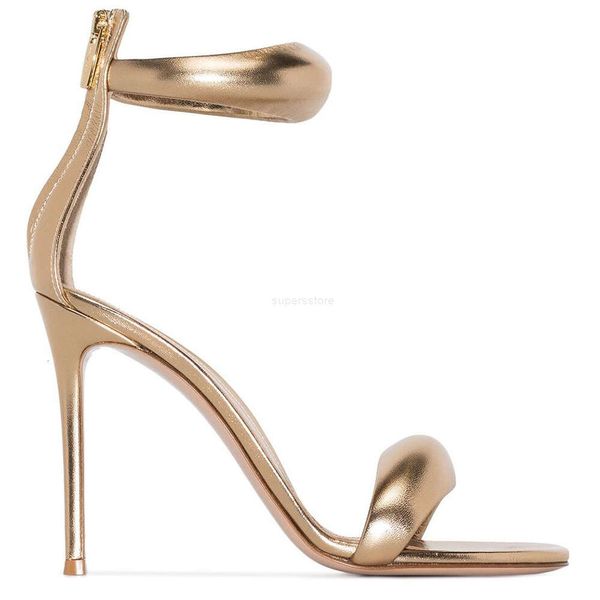 Gianvito Rossi Sandalias Tacón de aguja Zapato de mujer de piel de oveja Banda estrecha de cuero genuino 10 cm Zapatos de tacón alto Cubierta de diseñador Tacón Sandalia dorada de Roma