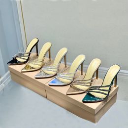 Gianvito Rossi Stiletto Slippers Mules schoenen Crystal verfraaide riem Rhinestone Spool Heel Heel Heel PVC Sandals Factory Footwear Dames Luxe ontwerpers schoenen