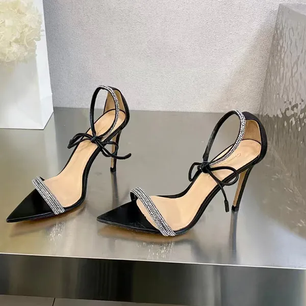 Gianvito Rossi Sandalias de tacón alto para mujer, moda informal, combinación de cinturón fino, zapatos de diseñador de lujo de cuero genuino, zapato de fiesta decorativo de cristal