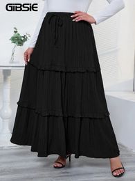 GIBSIE grande taille noir noeud avant a-ligne Swing Maxi jupe longue femmes automne élégant élastique taille haute jupes pour femme 240130