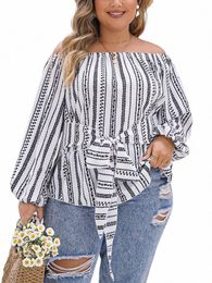 Gibsie Plus Size Boho Off Hombro Tops para mujeres 2024 Primavera Casual LG Manga Tie Frt Estampado étnico Blusas de vacaciones Camisas 99qF #