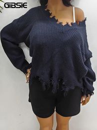 GIBSIE suéteres de talla grande con hombros descubiertos para mujer Otoño Invierno cuello en V manga larga suelto Casual dobladillo crudo jersey tejido 240116