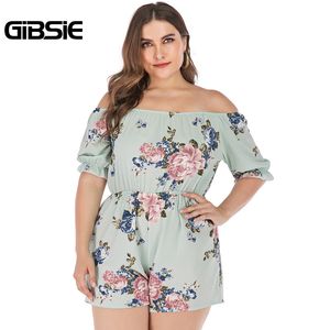 GIBSIE Plus Size Floral Print Off Épaule Jumpsuit Romper Femmes Vacances Boho À Manches Courtes Taille Haute Femme Plage Combishort T200704