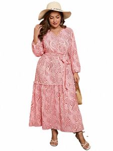 gibsie Plus Size Gouden Print V-hals Lg Mouw Gordel Dr Bohemian Vacati Casual Dames Lente Herfst A-lijn Maxi Dr 2023 t2Ya #