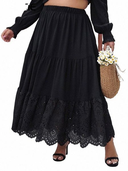 Gibsie Plus Size Hollow Out Festoneado Dobladillo con volantes LG Falda Mujeres Vacati Boho Cintura elástica Una línea de verano Maxi Faldas 2024 Nuevo L9zd #