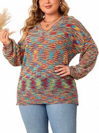 Gibsie Plus Tamaño Linterna Manga V Cuello Arco Iris Suéter Mujeres 2023 Otoño Invierno Fi Suelto Dulce Señoras Punto Jersey Jumper R3E2 #