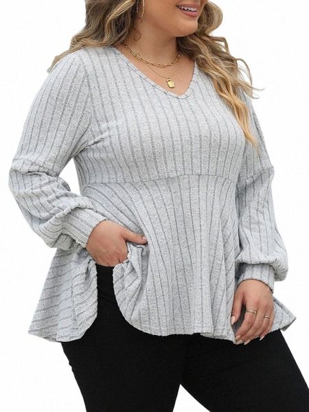 Gibsie Plus Tamaño LG Manga Tops para mujeres Primavera Otoño V Cuello Peplum Camiseta Mujer Casual Acanalado Punto Camisetas Ropa 2023 H27O #