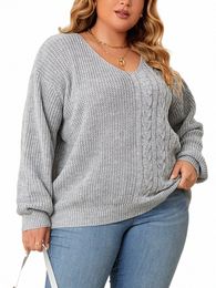 Gibsie Plus Tamaño suelto gris suéter mujeres 2023 otoño invierno LG manga V cuello femenino casual tejido suéter suéteres h1lT #